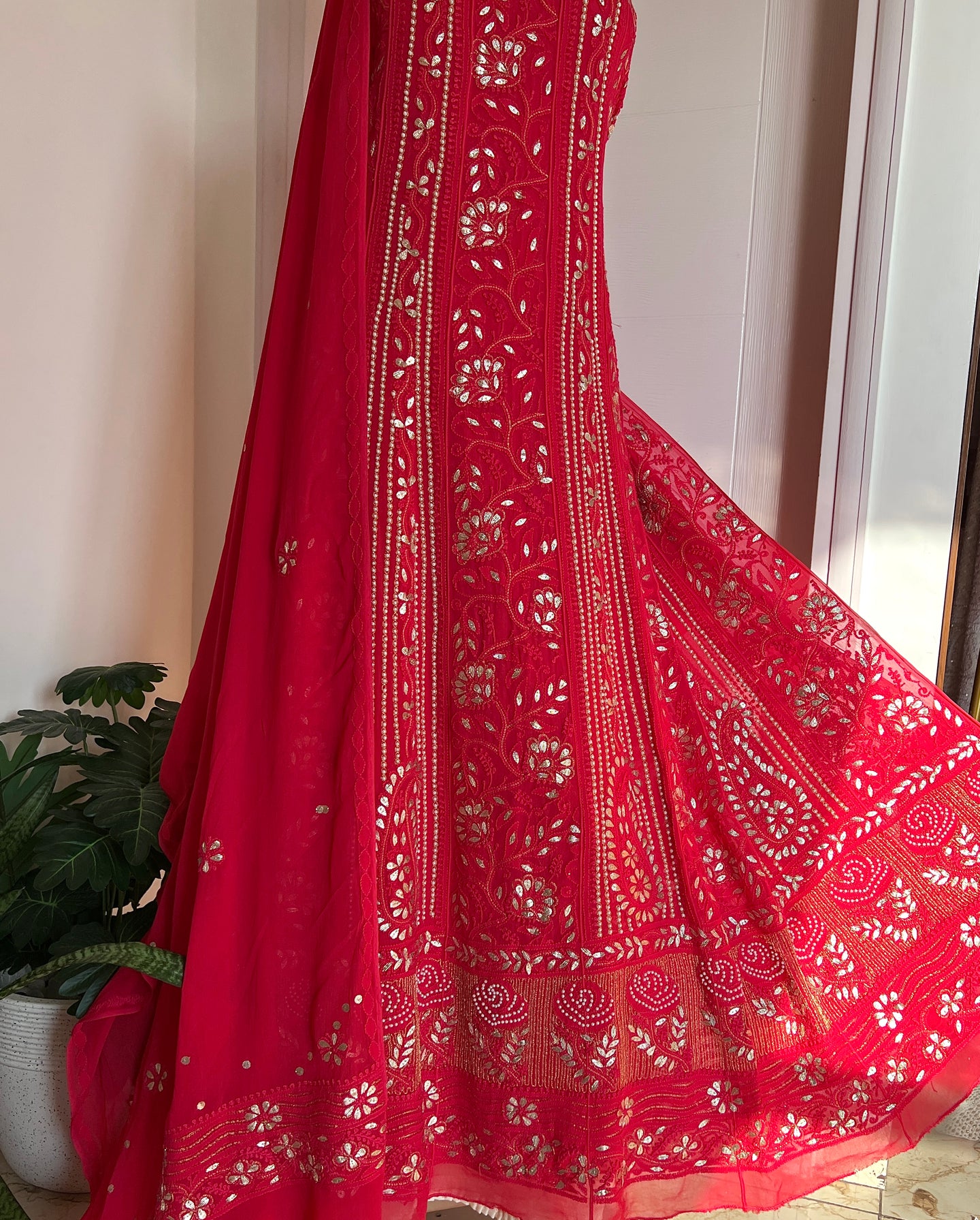 Red Chikankari pearl and Gota Patti Anarkali